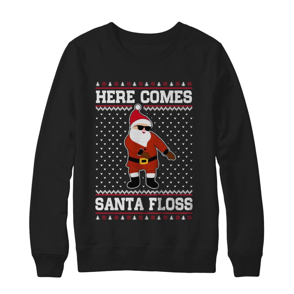 Here Comes Santa Floss Flossing Ugly Christmas Sweater-T-Shirt & Sweatshirt-Crewneck Sweatshirt-Black