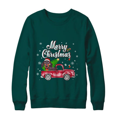Dachshund Retriever Rides Red Truck Christmas Pajama-T-Shirt & Sweatshirt-Crewneck Sweatshirt-Deep Forest