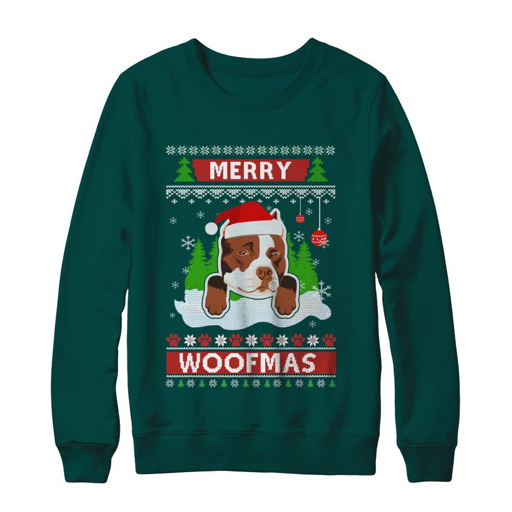 Pitbull Merry Woofmas Ugly Christmas Sweater-T-Shirt & Sweatshirt-Crewneck Sweatshirt-Deep Forest