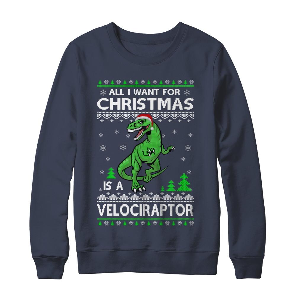 Funny Velociraptor Dinosaur Christmas Ugly Sweater-T-Shirt & Sweatshirt-Crewneck Sweatshirt-Navy