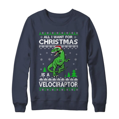 Funny Velociraptor Dinosaur Christmas Ugly Sweater-T-Shirt & Sweatshirt-Crewneck Sweatshirt-Navy