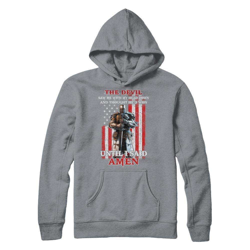 Knight American The Devil Saw Me With My Head Down Veteran-T-Shirt & Hoodie-Hanes - Heavyweight Pullover Hoodie-Light Steel
