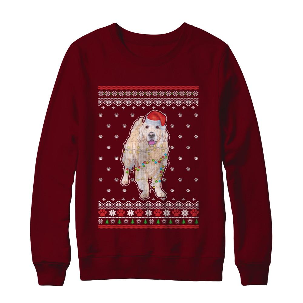 Golden Retriever Christmas Ugly Sweater Lights Dog Xmas Gift-T-Shirt & Sweatshirt-Crewneck Sweatshirt-Maroon