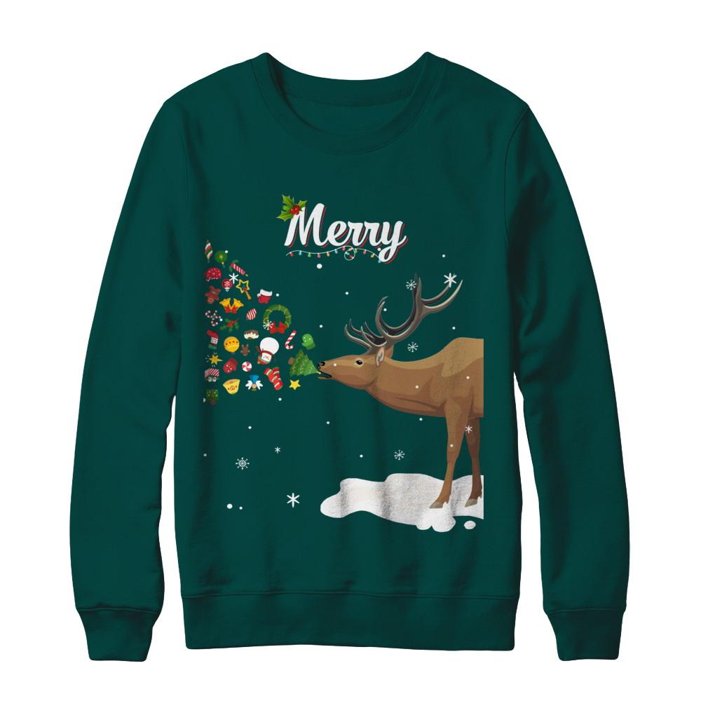 Couples Sick Reindeer Funny Ugly Merry Christmas Sweater-T-Shirt & Sweatshirt-Crewneck Sweatshirt-Deep Forest