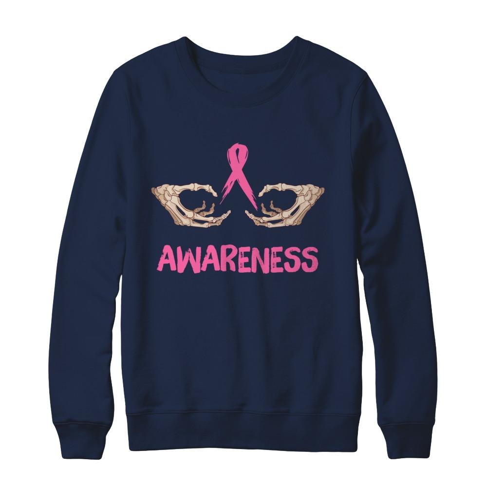 Breast Cancer Skeleton Hand Scary Halloween-T-Shirt & Sweatshirt-Crewneck Sweatshirt-Navy