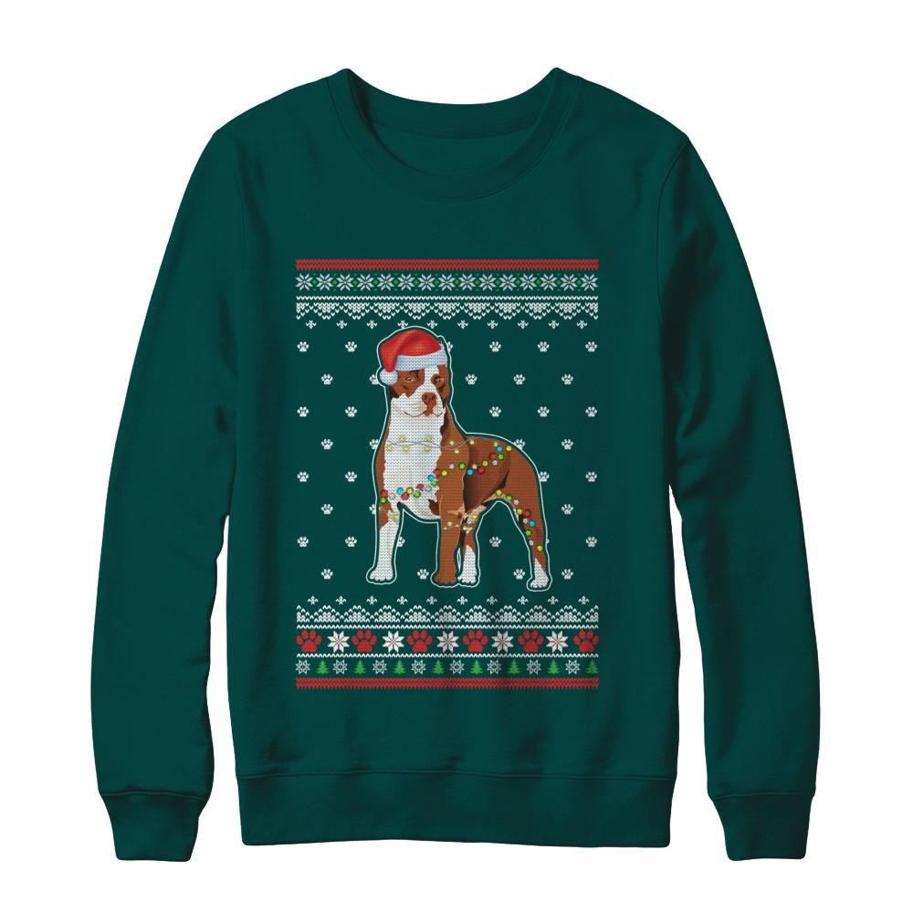 Pitbull Christmas Ugly Sweater Lights Dog Xmas Gift-T-Shirt & Sweatshirt-Crewneck Sweatshirt-Deep Forest