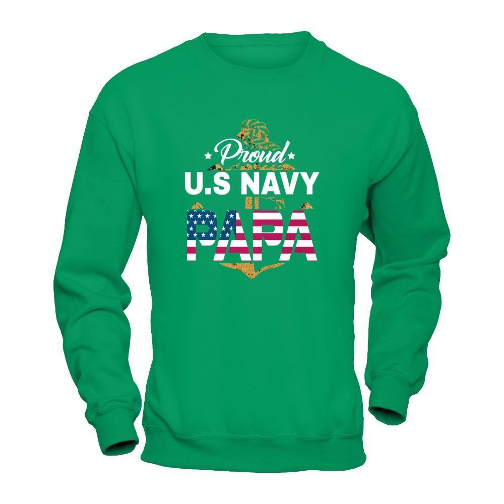 Proud US Navy Papa-T-Shirt & Hoodie-Crewneck Sweatshirt-Irish Green