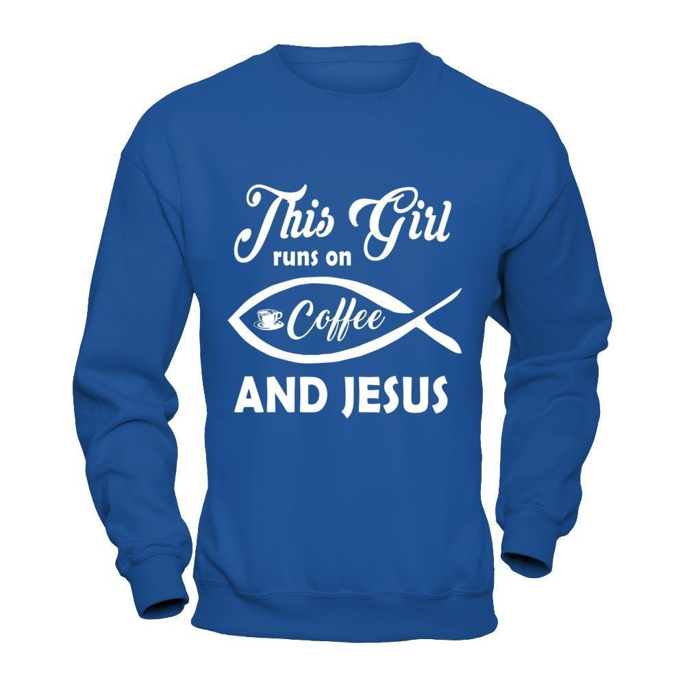 This Girl Runs On Coffee And Jesus-T-Shirt & Hoodie-Crewneck Sweatshirt-Royal