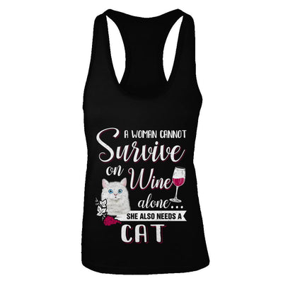 A Woman Can't Survive On Wine Alone Cat-T-Shirt & Tank Top-Women's Ideal Racerback Tank-Black
