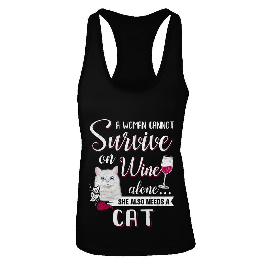 A Woman Can't Survive On Wine Alone Cat-T-Shirt & Tank Top-Women's Ideal Racerback Tank-Black