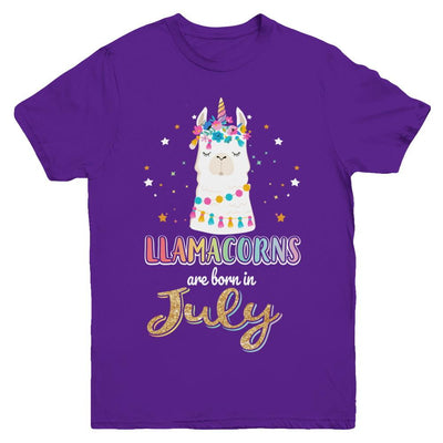 Llama Unicorn Llamacorns Born In July Birthday Gift Youth-Youth Shirt-Youth T-Shirt-Purple