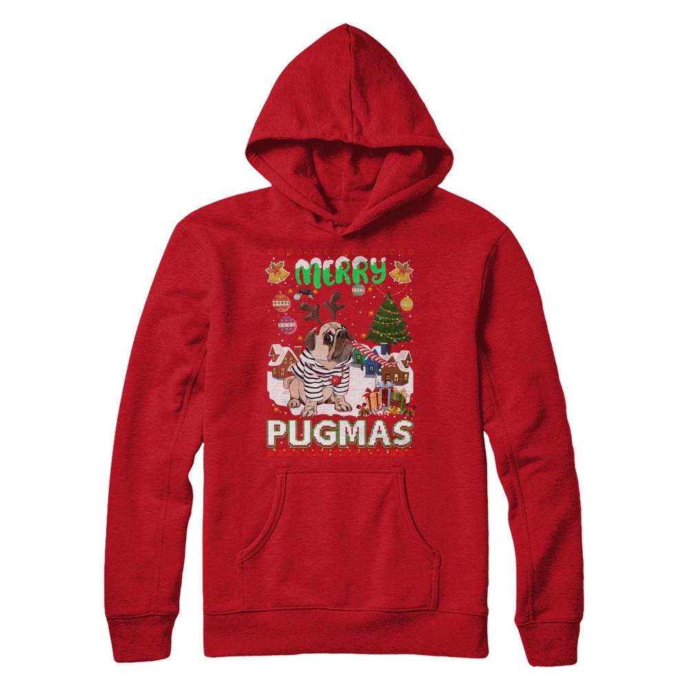 Cute Pug Christmas Merry Pugmas Ugly Sweater Christmas-T-Shirt & Sweatshirt-Pullover Hoodie-Red