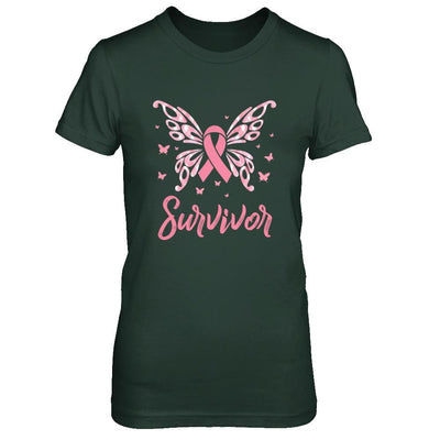 Pink Ribbon Butterfly Breast Cancer Survivor-T-Shirt & Hoodie-Women's T-Shirt-Forest Green