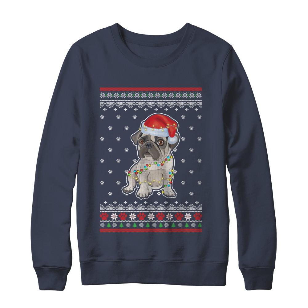 Pug Christmas Ugly Sweater Lights Dog Xmas Gift-T-Shirt & Sweatshirt-Crewneck Sweatshirt-Navy