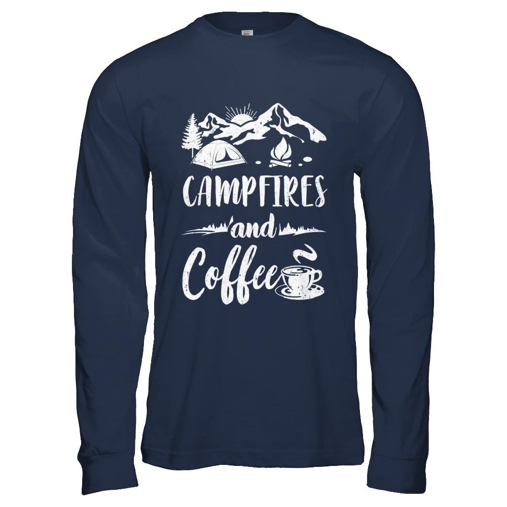 Coffee And Campfires Funny Camping Gifts-T-Shirt & Hoodie-Long Sleeve T-Shirt-Navy