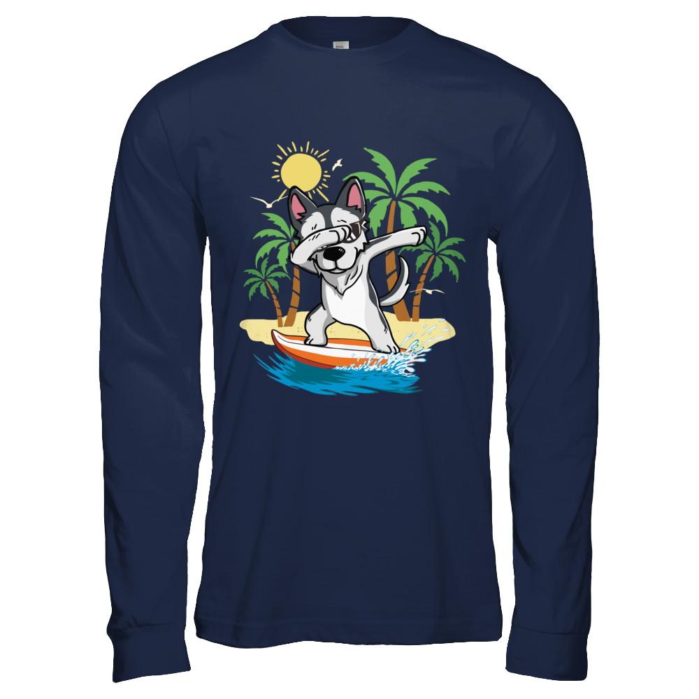 Summer Vacation Dabbing Husky Surfing Surfboard Gift-T-Shirt & Hoodie-Long Sleeve T-Shirt-Navy