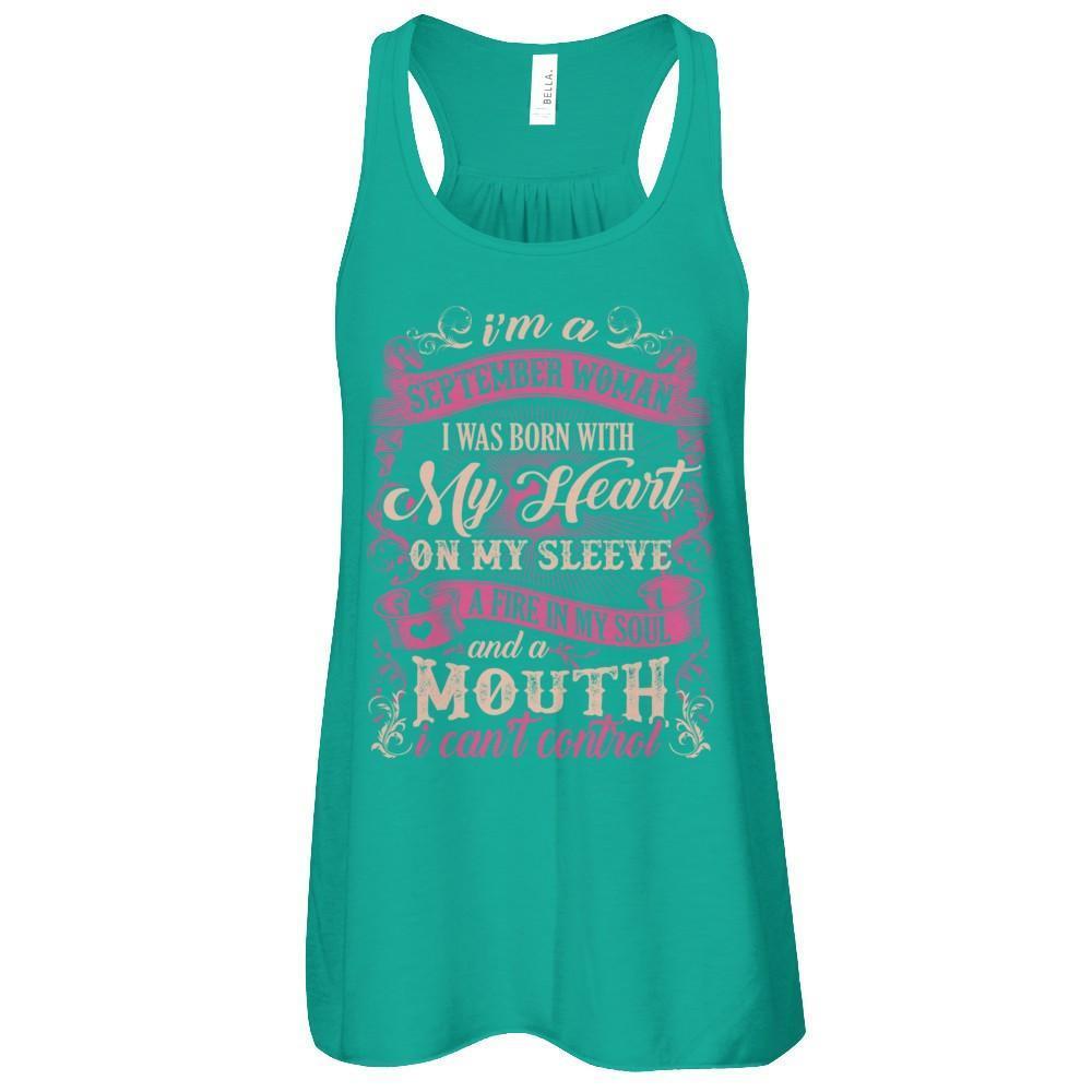 I Am A September Woman I Was Born With My Heart On My Sleeve-T-Shirt & Tank Top-Women's Flowy Racerback Tank-Kelly