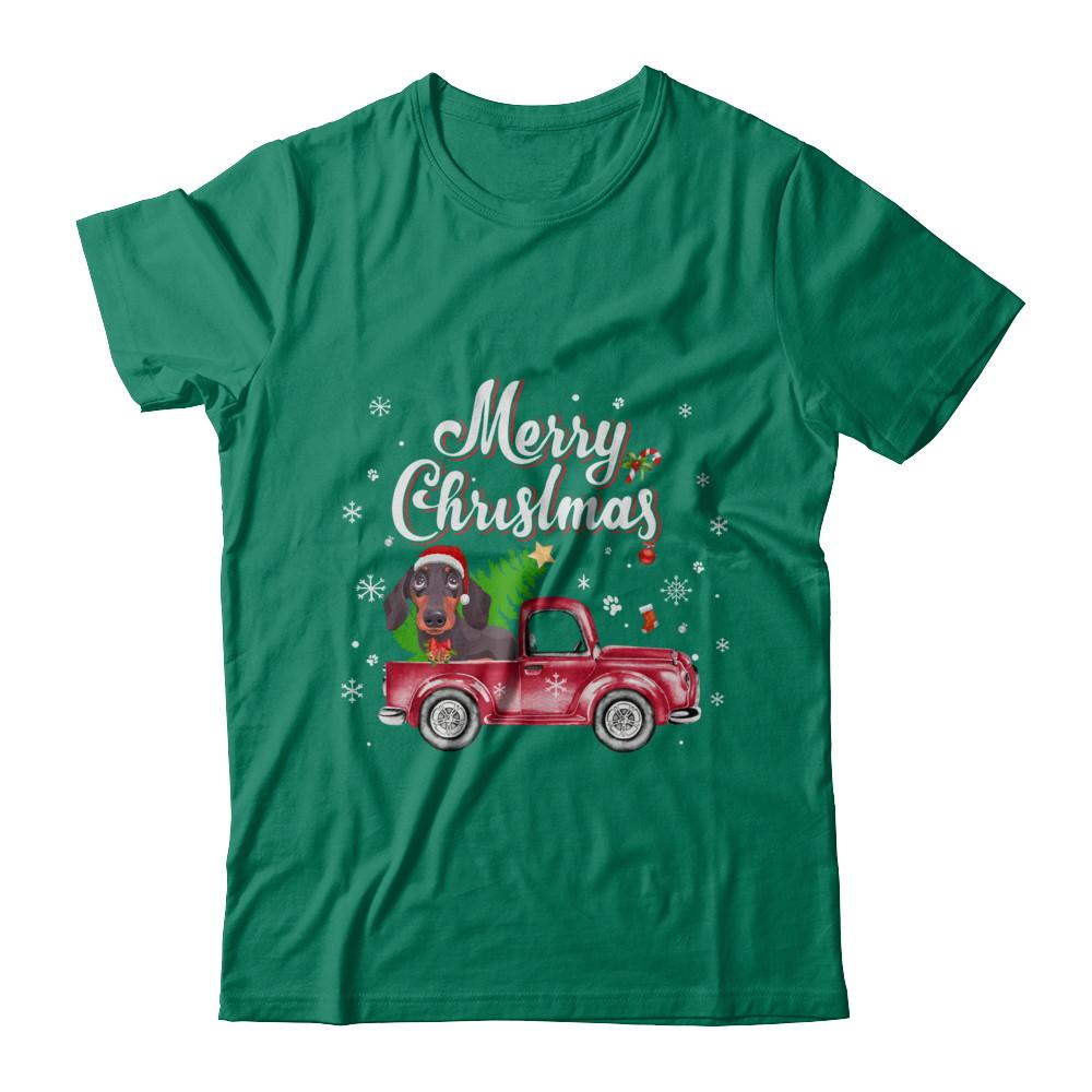 Dachshund Retriever Rides Red Truck Christmas Pajama-T-Shirt & Sweatshirt-Classic T-Shirt-Kelly Green