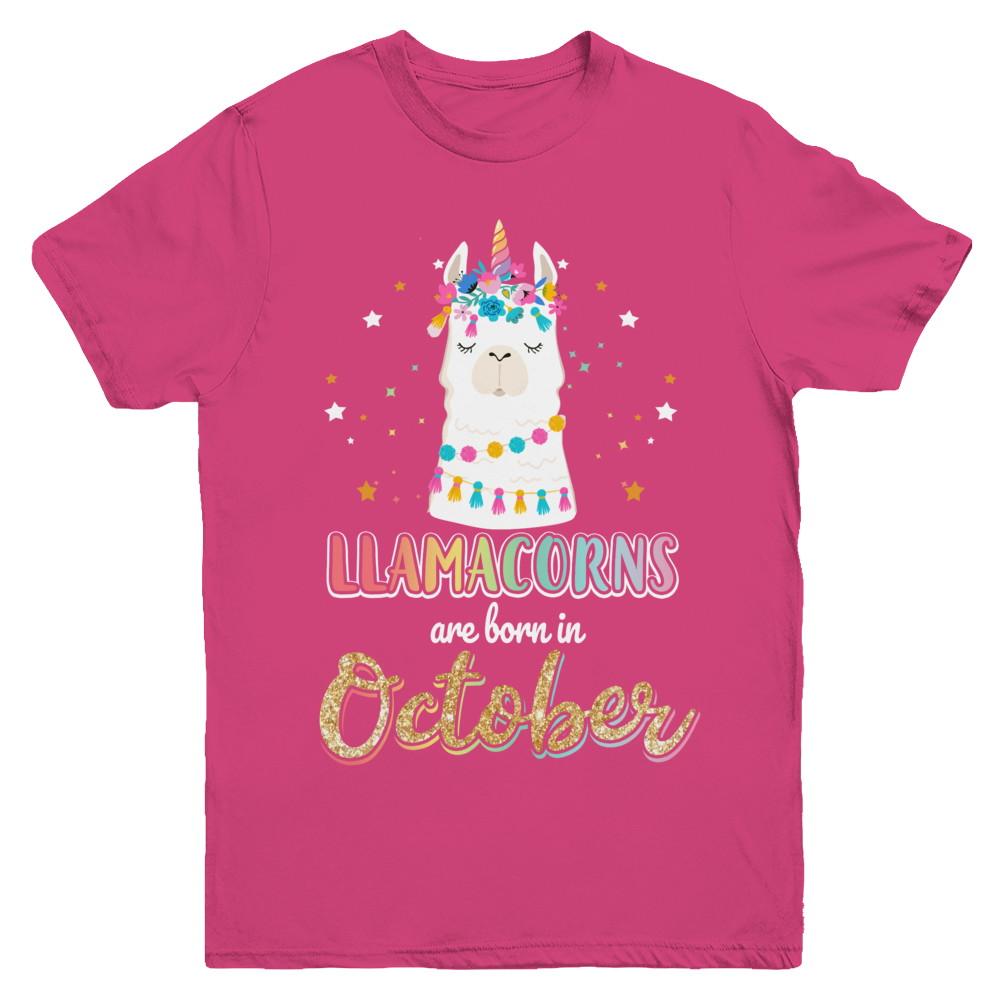 Llama Unicorn Llamacorns Born In October Birthday Gift Youth-Youth Shirt-Youth T-Shirt-Heliconia