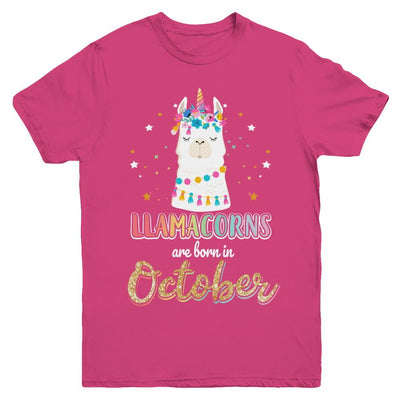 Llama Unicorn Llamacorns Born In October Birthday Gift Youth-Youth Shirt-Youth T-Shirt-Heliconia
