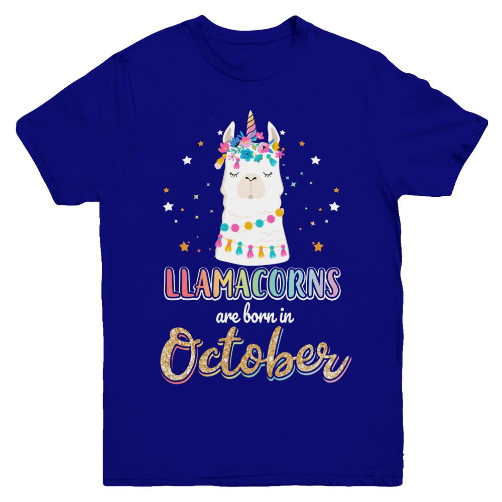 Llama Unicorn Llamacorns Born In October Birthday Gift Youth-Youth Shirt-Youth T-Shirt-Navy
