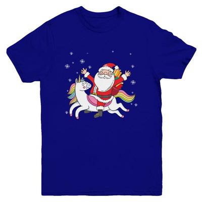 Santa Riding Unicorn Christmas Kids Girls Women Xmas Youth-Youth Shirt-Youth T-Shirt-Navy