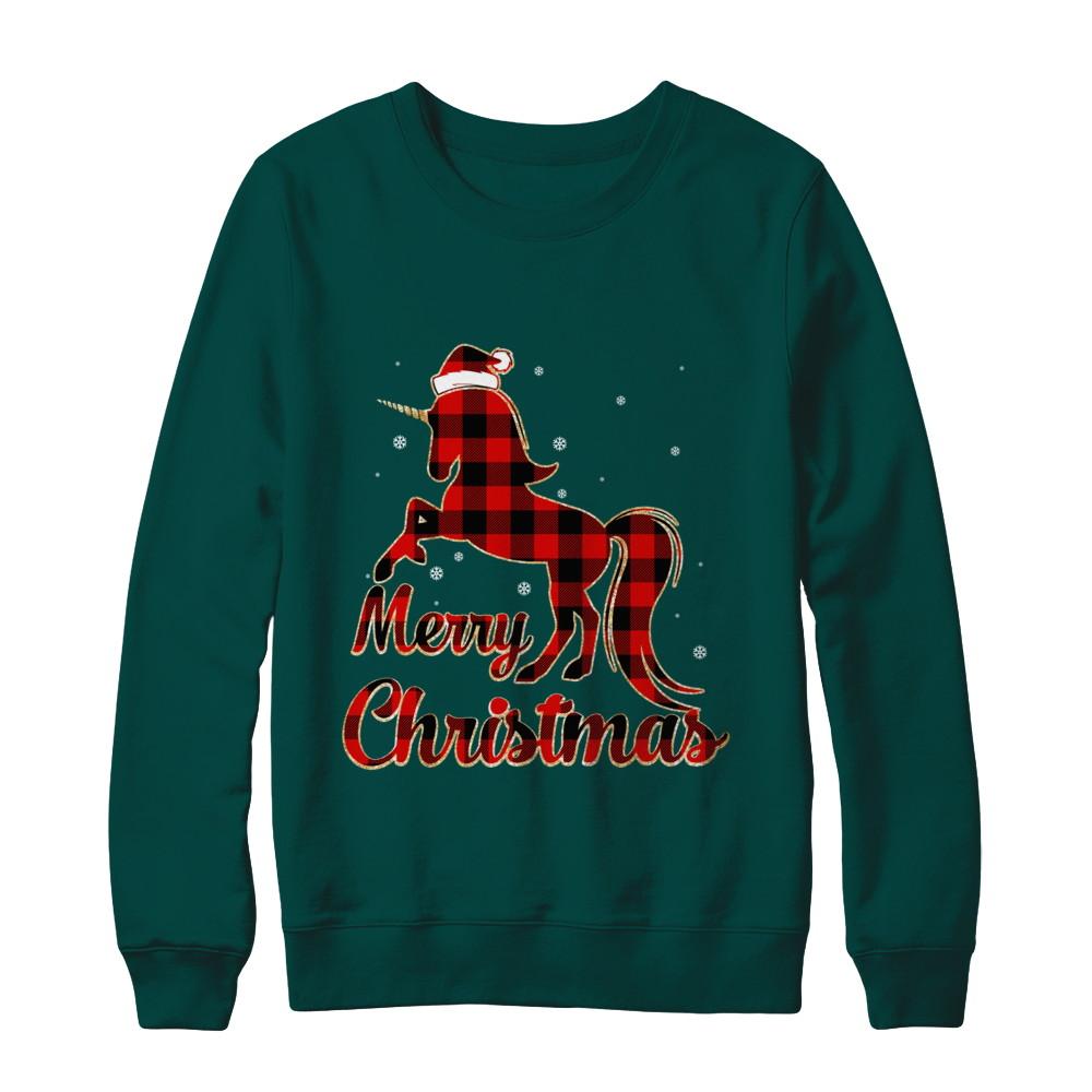 Red Buffalo Plaid Unicorn Merry Christmas-T-Shirt & Sweatshirt-Crewneck Sweatshirt-Deep Forest