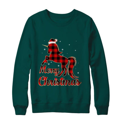 Red Buffalo Plaid Unicorn Merry Christmas-T-Shirt & Sweatshirt-Crewneck Sweatshirt-Deep Forest