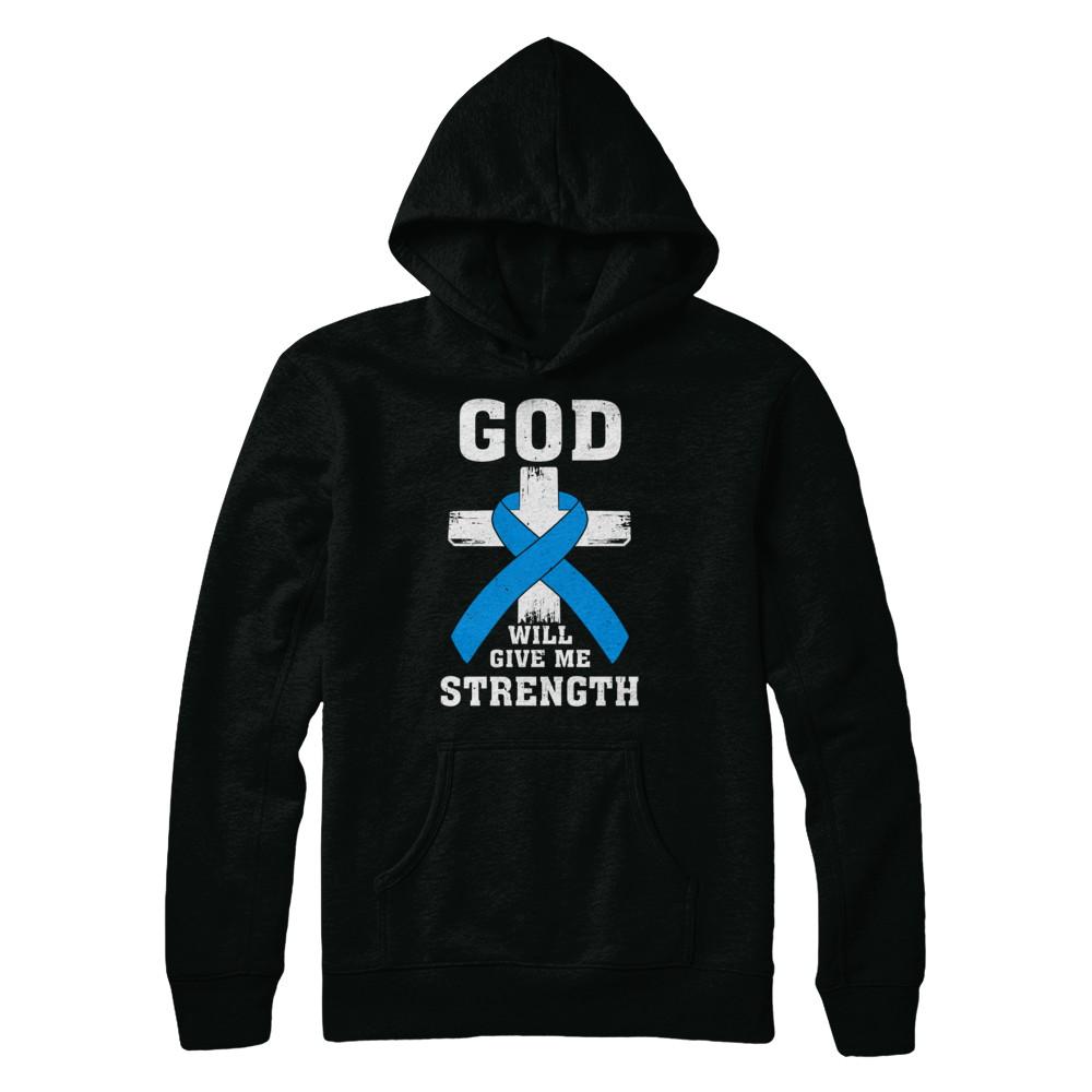 God Will Give Me Strength Blue Cancer Ribbon Gift-T-Shirt & Hoodie-Pullover Hoodie-Black