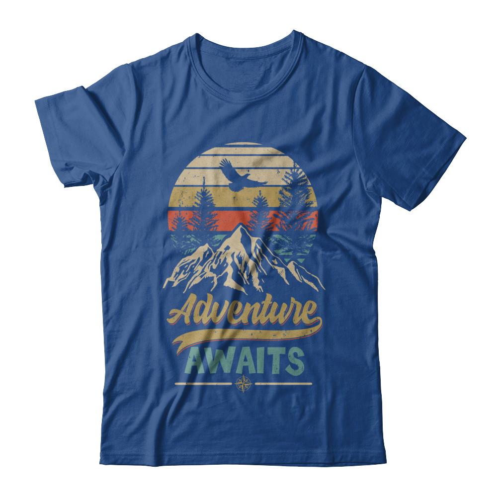 Vintage Adventure Awaits Camping Camper Outdoor Travel-T-Shirt & Hoodie-Classic T-Shirt-Royal