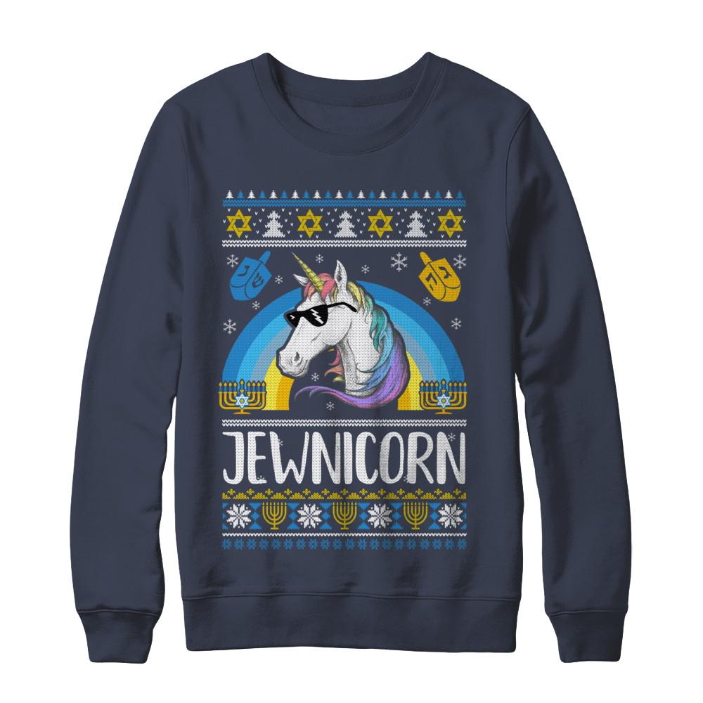 Jewnicorn Funny Jewish Unicorn Hanukkah Chanukah Sweater-T-Shirt & Sweatshirt-Crewneck Sweatshirt-Navy