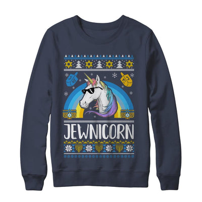 Jewnicorn Funny Jewish Unicorn Hanukkah Chanukah Sweater-T-Shirt & Sweatshirt-Crewneck Sweatshirt-Navy