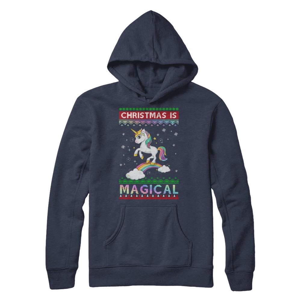 Christmas Is Magical Unicorn Ugly Christmas Sweater-T-Shirt & Sweatshirt-Pullover Hoodie-Navy