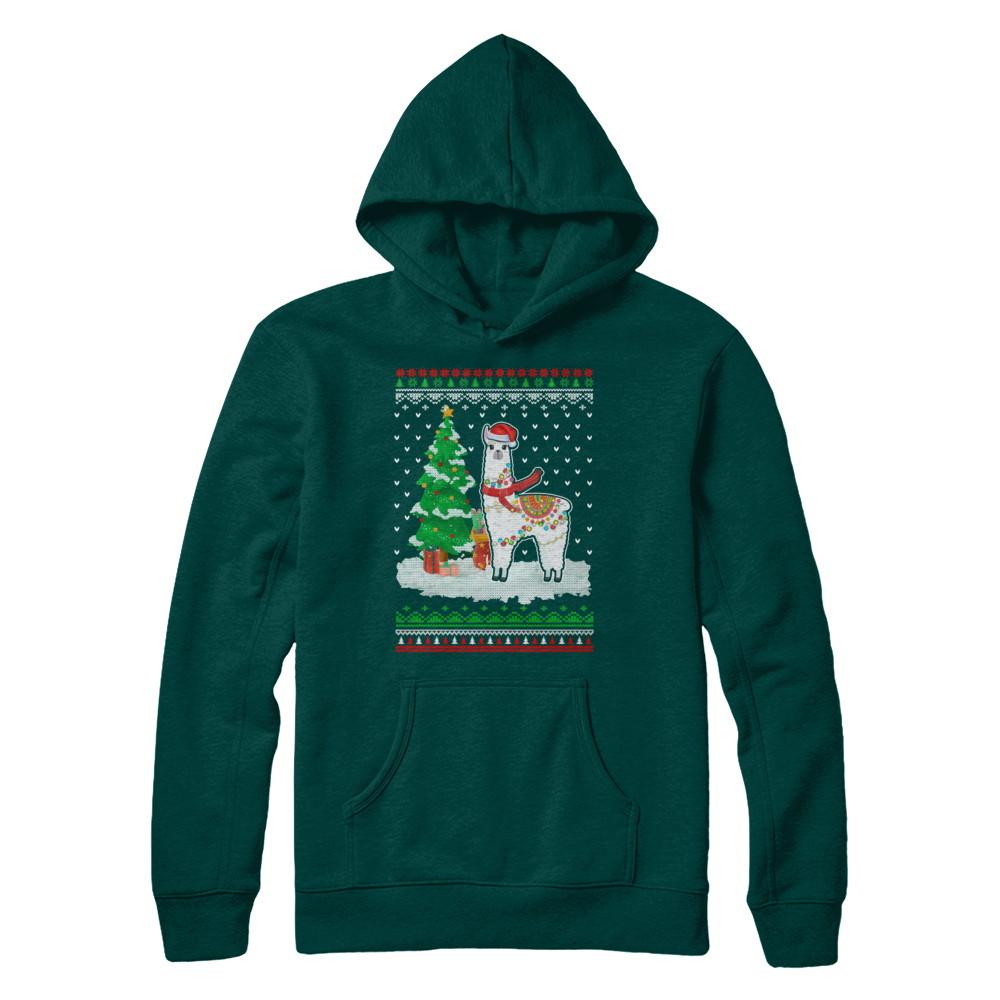 Xmas Alpaca Llama Santa Hat Ugly Christmas Sweater-T-Shirt & Sweatshirt-Pullover Hoodie-Deep Forest