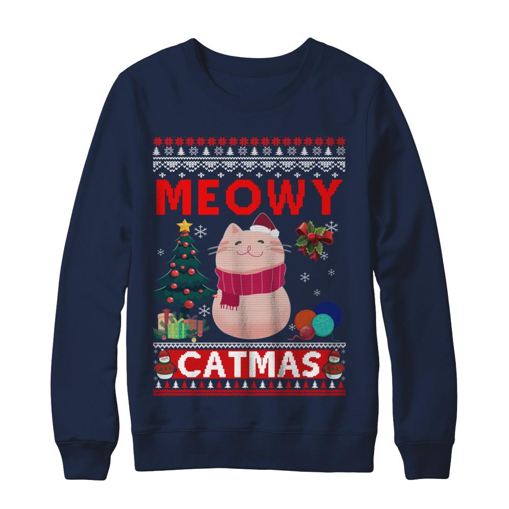Meowy Catmas Ugly Sweater Cat Christmas-T-Shirt & Sweatshirt-Crewneck Sweatshirt-Navy