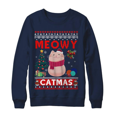 Meowy Catmas Ugly Sweater Cat Christmas-T-Shirt & Sweatshirt-Crewneck Sweatshirt-Navy