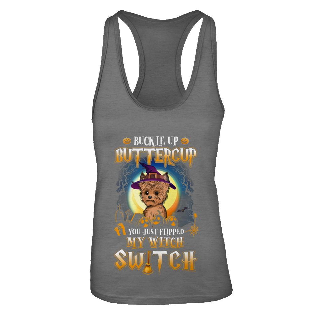 Buckle Up Buttercup Halloween Witch Yorkie Costume-T-Shirt & Tank Top-Women's Ideal Racerback Tank-Dark Grey