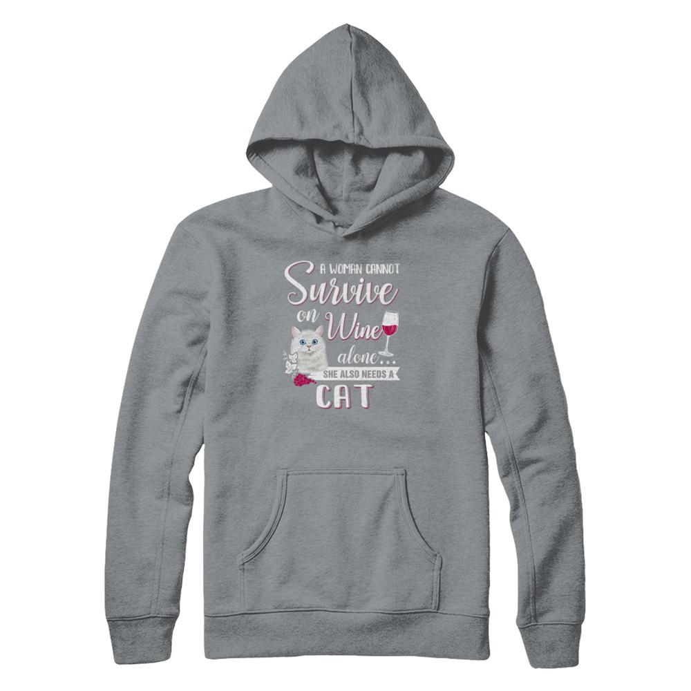 A Woman Can't Survive On Wine Alone Cat-T-Shirt & Tank Top-Pullover Hoodie-Light Steel