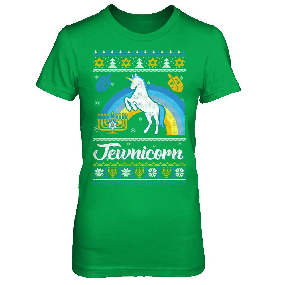 Funny Ugly Hanukkah Sweater Unicorn Jewnicorn-T-Shirt & Sweatshirt-Women's T-Shirt-Irish Green