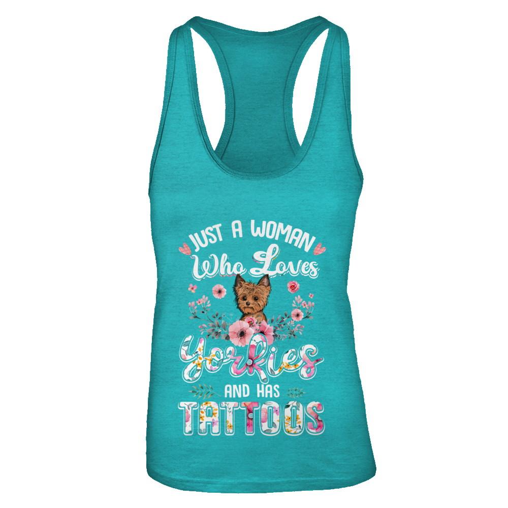 Just A Woman Who Loves Yorkies And Has Tattoos-T-Shirt & Tank Top-Women's Ideal Racerback Tank-Tahiti Blue