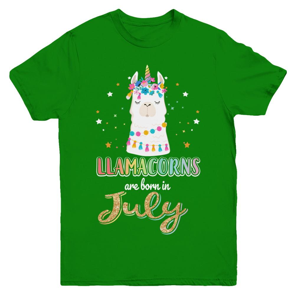 Llama Unicorn Llamacorns Born In July Birthday Gift Youth-Youth Shirt-Youth T-Shirt-Irish Green