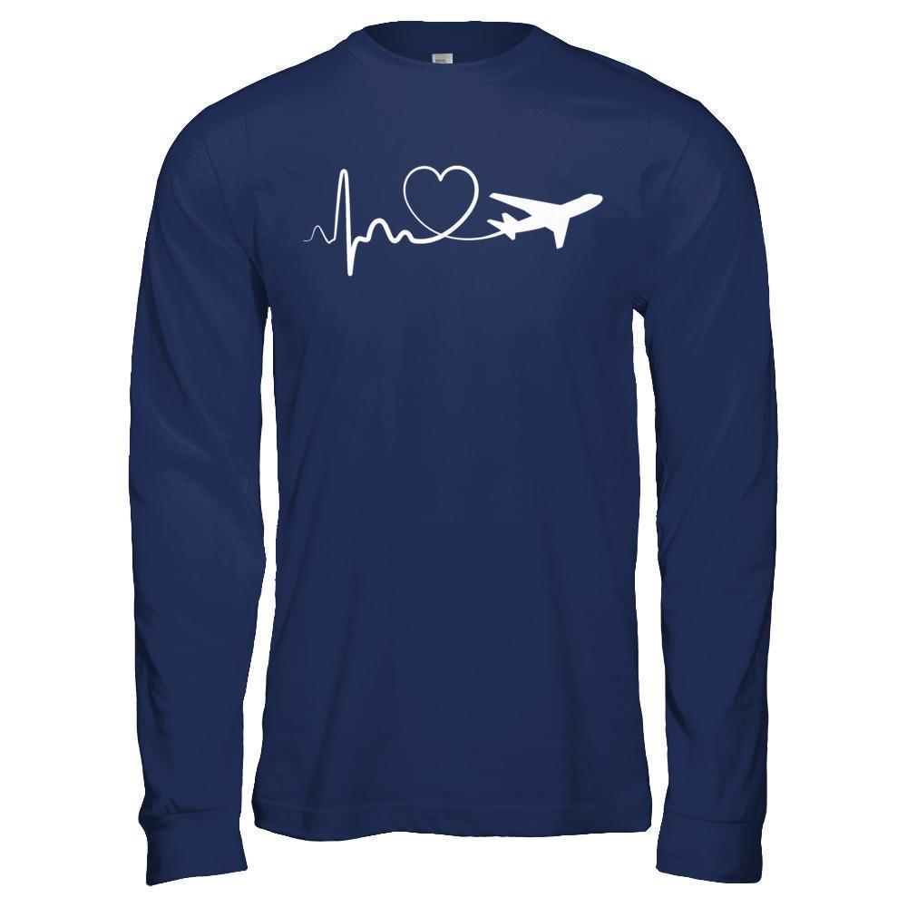 Airplane Fly Flight Planes Heartbeat To Travel Airplane-T-Shirt & Hoodie-Long Sleeve T-Shirt-Navy