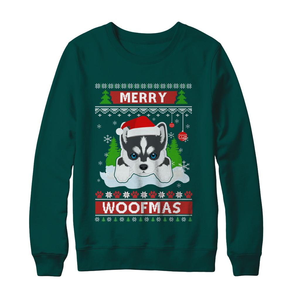 Siberian Husky Merry Woofmas Ugly Christmas Sweater-T-Shirt & Sweatshirt-Crewneck Sweatshirt-Deep Forest