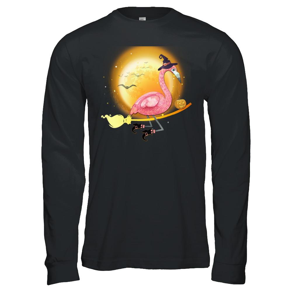 Funny Halloween Flamingo Witch Broom Scary-T-Shirt & Hoodie-Long Sleeve T-Shirt-Black