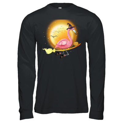 Funny Halloween Flamingo Witch Broom Scary-T-Shirt & Hoodie-Long Sleeve T-Shirt-Black