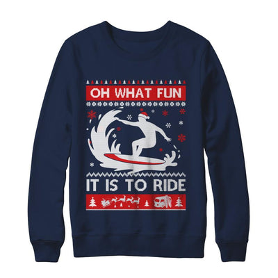 Oh What Fun It Is To Ride Sweater Christmas Surfing-T-Shirt & Sweatshirt-Crewneck Sweatshirt-Navy