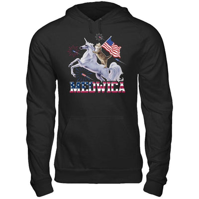 Meowica 4Th Of July Funny Cat On Unicorn Independence-T-Shirt & Hoodie-Pullover Hoodie-Black