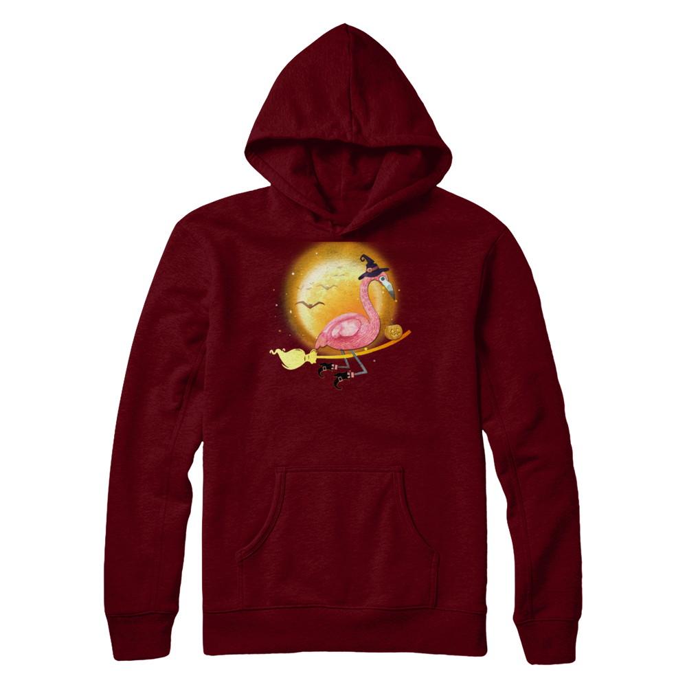 Funny Halloween Flamingo Witch Broom Scary-T-Shirt & Hoodie-Pullover Hoodie-Maroon