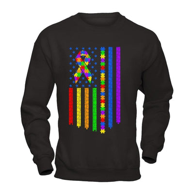 Autism Awarenes American Flag-T-Shirt & Hoodie-Crewneck Sweatshirt-Black