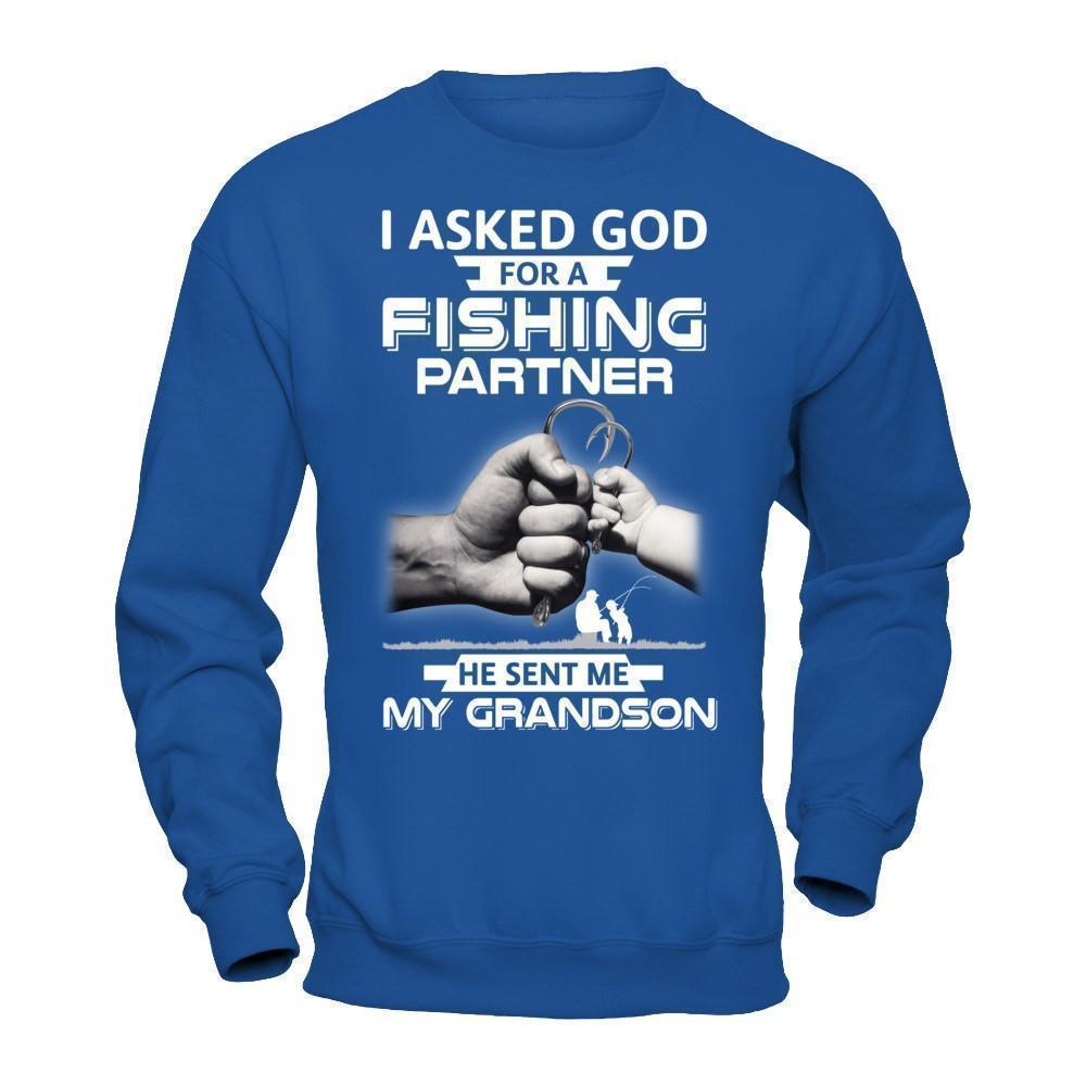 I Asked God For A Fishing Partner He Sent Me My Grandson-T-Shirt & Hoodie-Crewneck Sweatshirt-Royal